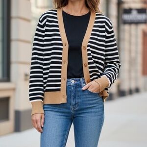 Ann Taylor Factory Black & White Striped Cardigan with Tan Trim
